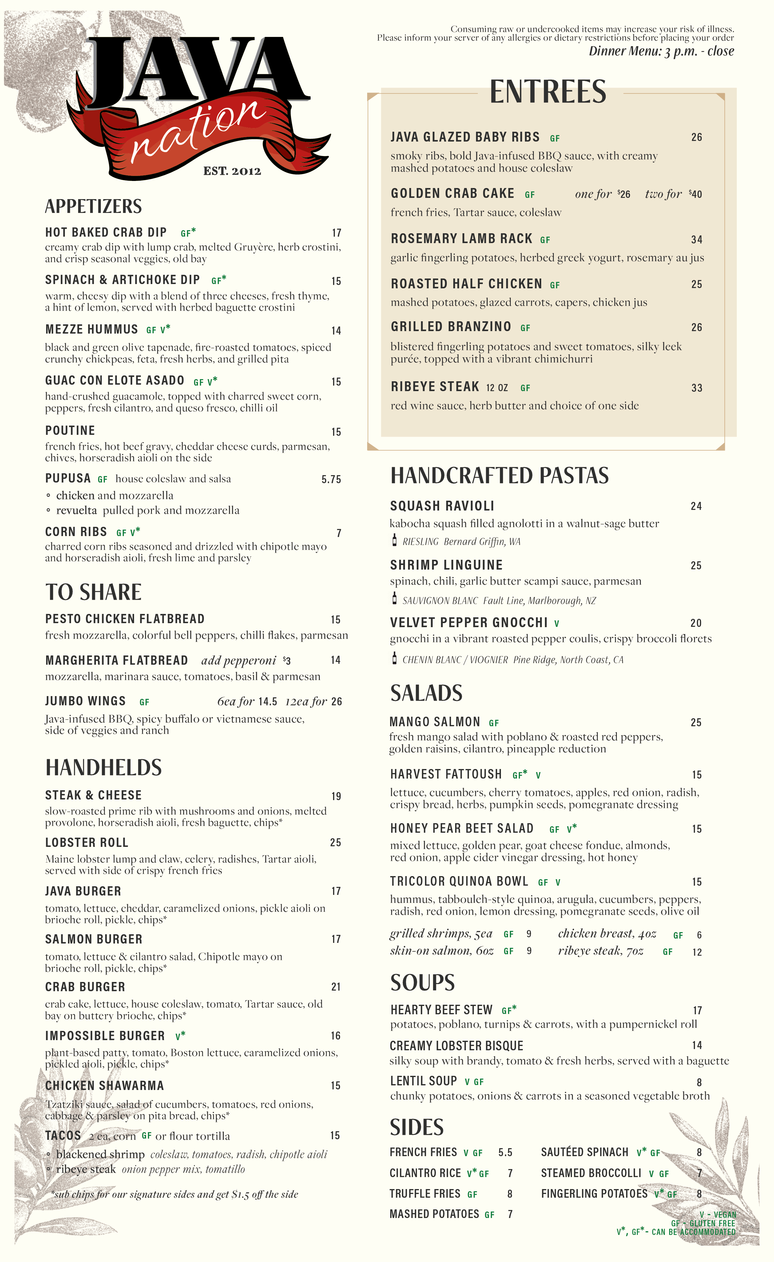 Silver Spring Dinner Menu Page 1